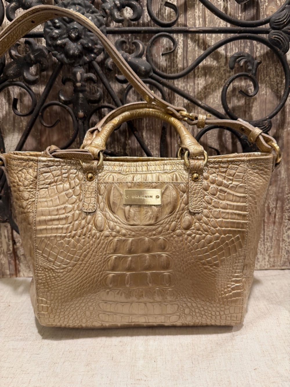 Brahmin Metallic Gold Croc-Embossed Satchel purse  Asher tote leather like new
